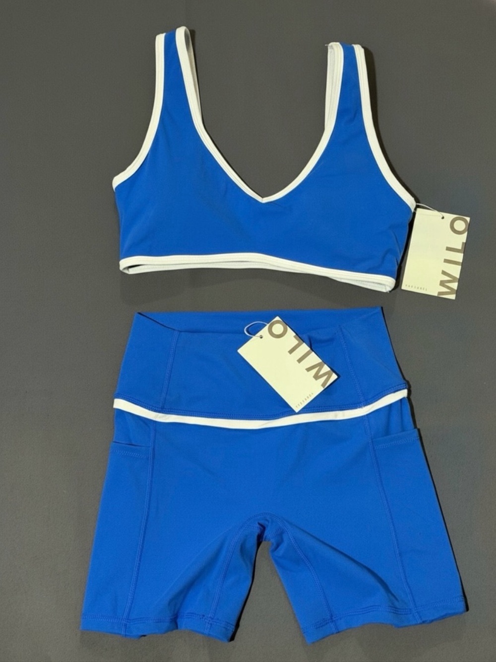 Wilo Blue Bike Shorts and Crop Top with White Trim